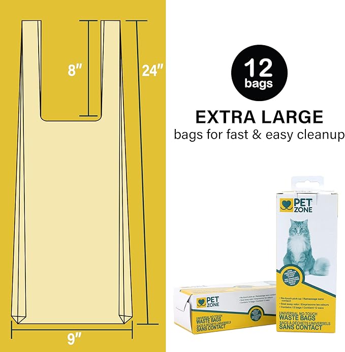Pet Zone Universal No-Touch Cat Litter Bags & Waste Bag (Pet Waste Bag Great for Cat Litter Boxes) 12 Pack