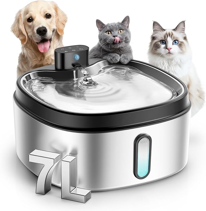 Wireless Cat/Dog Water Fountain 7L/236oz/1.8Gal, DRLWXYSJ Stainless Steel Battery Operated Cordless Automatic Pet Water Dispenser for Multi-Cats and Small to Large Dogs with Ultra Quiet Pump
