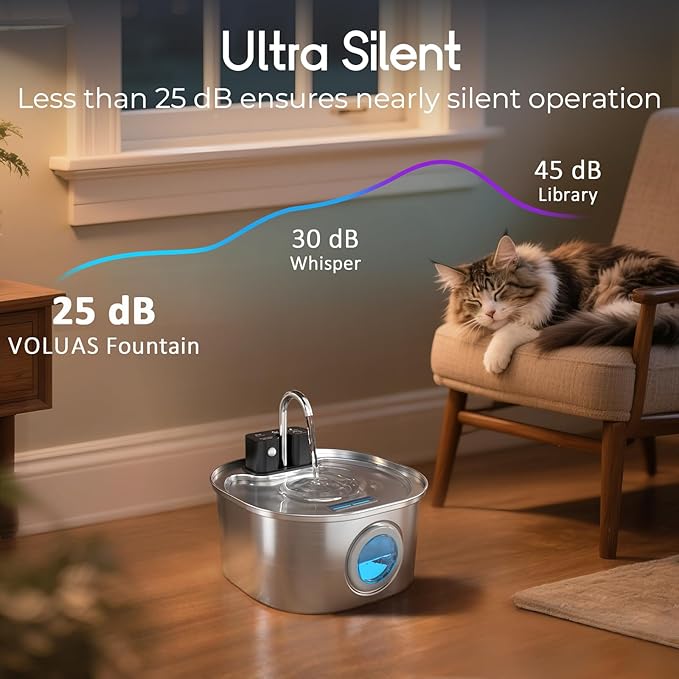 Voluas Stainless Steel Cat Water Fountain-Wireless Pet Water Fountain Battery Operated,108oz/3.2L, Automatic Water Dispenser for Dogs with Quiet Pump,Easy Clean BPA-Free for Cats, Dogs, Multiple Pets