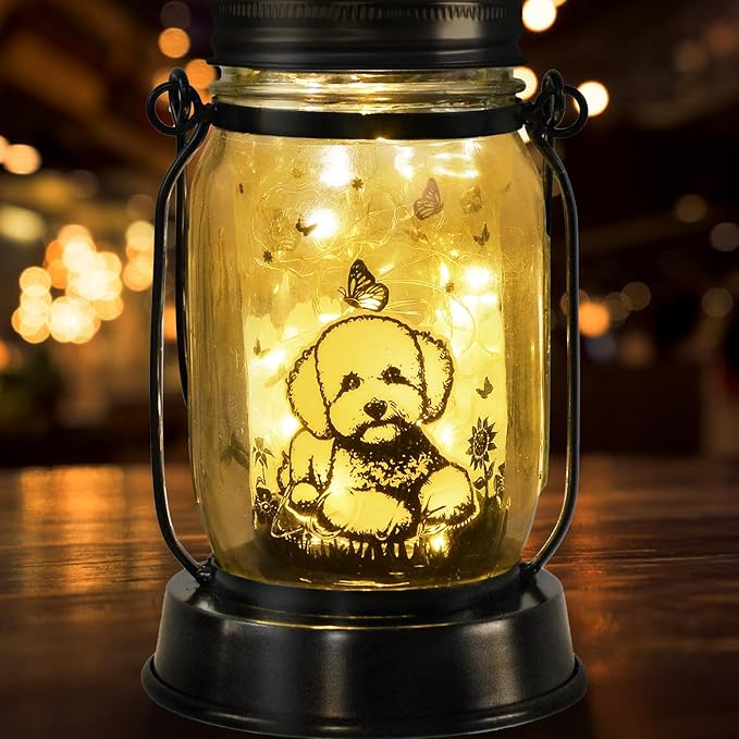 kyoryuger Bichon Dog Gifts for Women/Men Bichon Frise Solar Lanterns Birthday Dog Lovers Lantern Pet Loss Dog Memorial Lights Solar Garden Decoration for Yard, Patio,Backyard,Porch Torches Light