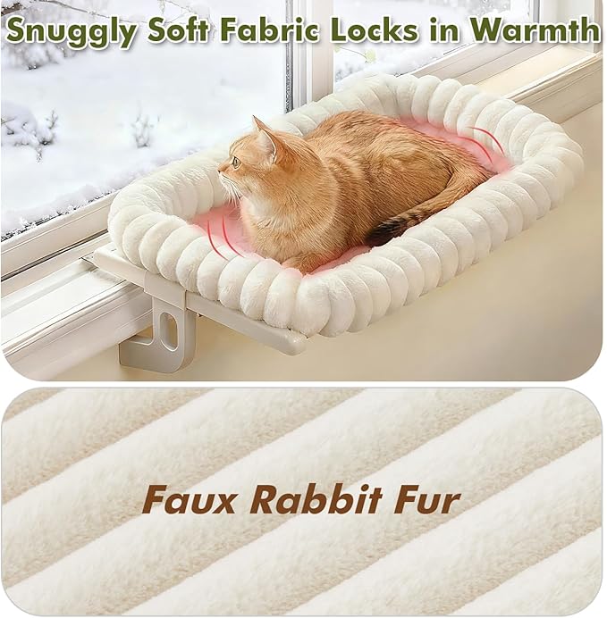 Cloud-Cuddle Cat Window Perch with 4-Sided Bolster, Zipper Design Cushion Window Seat for Window Sill, Sturdy Metal Frame & Easy Assembly Pet Hammock Bed for Indoor Cats (White, Large)