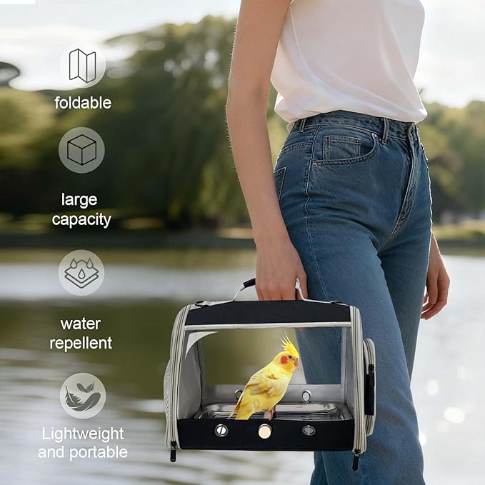 Bird Carrier, Portable Small Bird Cockatiel Conure Parrot Parakeet Carrier with Standing Perch and Stainless Steel Tray, Side Access Window Collapsible (Black, Cylinder Design - Clear)