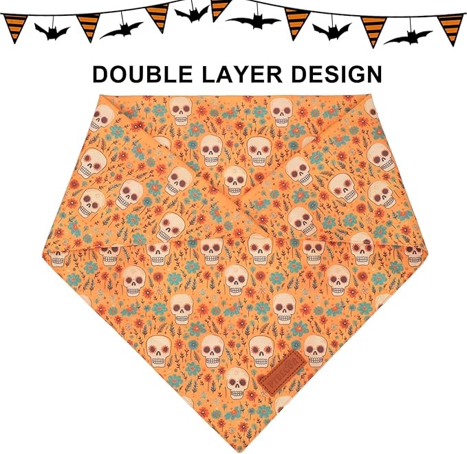 PTDECOR Halloween Dog Bandana, Skeleton Pumpkin Reversible Holiday Dog Scarf, Triangle Halloween Bandanas for Small Dogs Puppies Cats(Small)