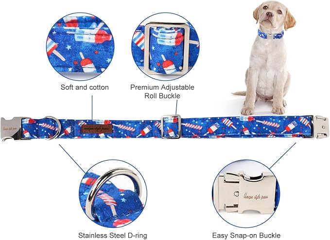 Unique style paws Independence Day Dog Collar Metal Buckle Ice Flag Collar Gift Durable Cute Collar for Small Medium Large Boys Girls Dogs