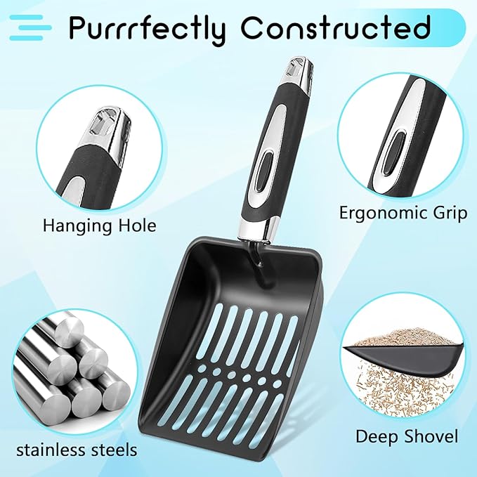 Stainless Steel Cat Litter Scoop,Metal Cat Litter Scoop,Kitty Metal Scooper,Sturdy Mesh Scooper,Suitabla Cat Scooper for Cat Litter Box-Black