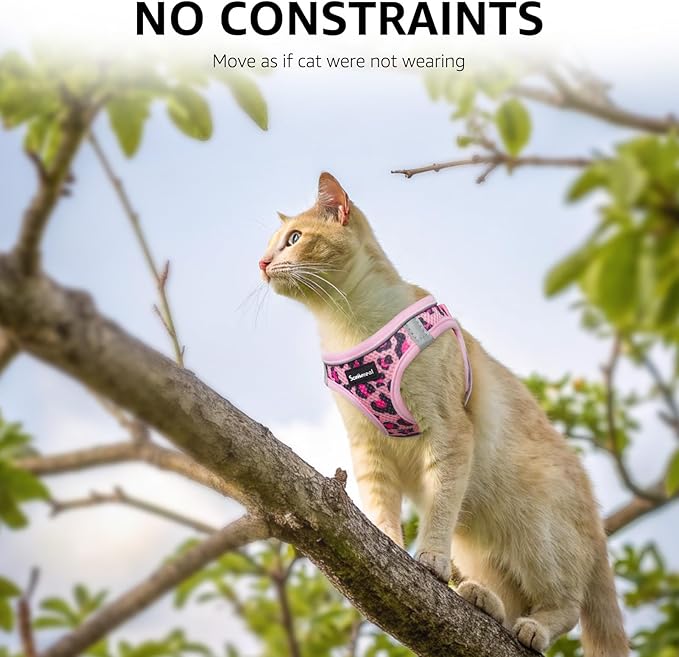 SCENEREAL Cat Harness & Leash Set Escape Proof - Adjustable Air Mesh Vest with Reflective Strips for Kittens, Puppies, Rabbits, Pink Leopard S
