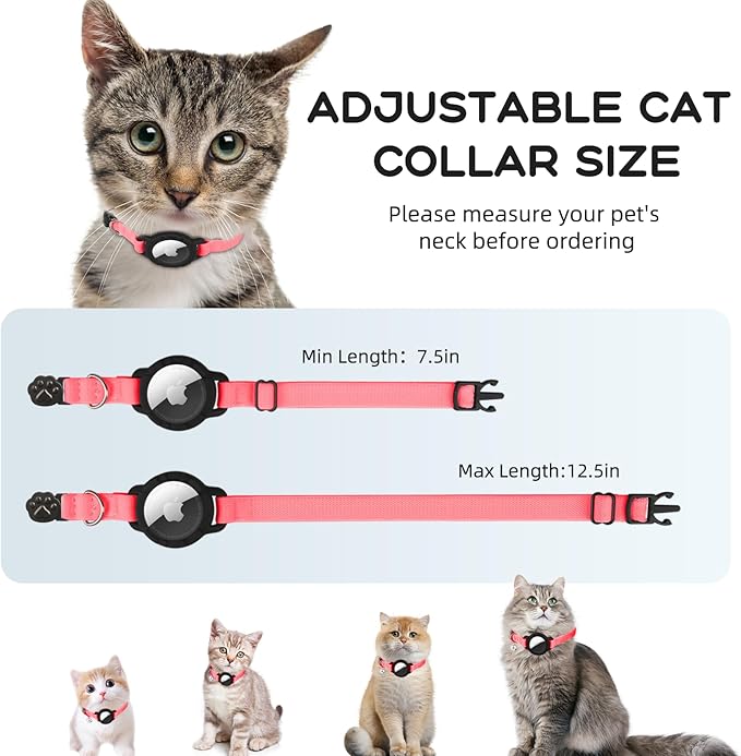 AirTag Cat Collars, Stretchy Collar with Apple AirTag Holder and Bell, Breakaway Ultra Design Elastic GPS Tracking Collars for Cats and Puppies, (7.5-12.5 Inch), Hot Pink