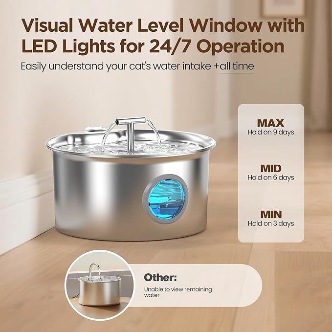 Cat Water Fountain Stainless Steel: Cat Fountain for Drinking with Filter - Pet Water Fountain for Cats Indoor - Automatic Pet Water Dispenser Bowl - 6 Carbon Filters & 3 Foam Filters