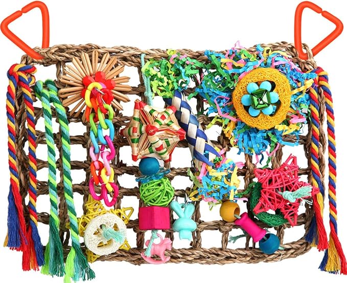 Foraging Toys for Parakeets Cockatiel Conures Lovebirds - Seagrass Wall with Various Bird Toys