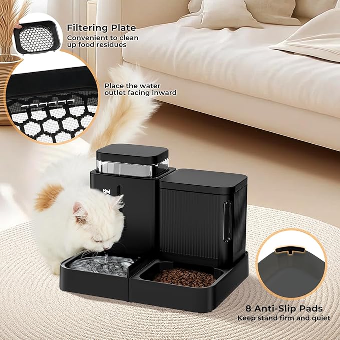 Gravity Cat Feeder and Water Dispenser, 2 in 1 Automatic Cat Feeder with 180 Degree Rotatable, 2 Pack Large Capacity Self Feeding for Small Medium Dog Puppy Kitten, Grey, 0.8 Gallon x 2