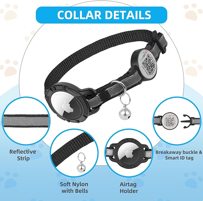 Airtag Cat Collar Breakaway with QR Code Name Tag, Reflective cat Collar airtag Holder with Bell, Cat ID Tag Personalized, Ultra-Durable, Adjustable, Quick Release, Fits Small Large Cats, Black