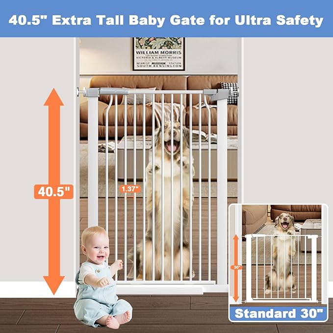 65.7"-72.2" Extra Wide Baby Gate, 40.5" Tall Dog Gate Indoor,Walk Through Pet Gates for Doorways Kitchen No Drilling Auto Close Pressure Mounted Safety Child Toddler Gate, White