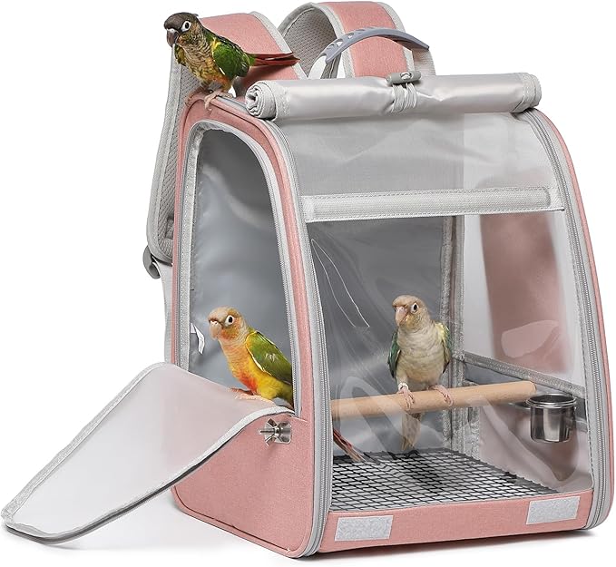 Bird Carrier Backpack, Portable Travel Bird Cage with Standing Perch, 2 Feeder Cups, Iron Mesh Stand & Removable Tray Lightweight, Breathable Mesh Window for Parrot Carrier，Easy Clean (Pink)