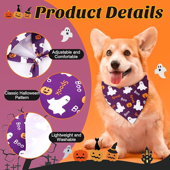 Sanwuta 50 Pcs Halloween Dog Bandanas and Collar Bow Ties Set 25 Bandanas Bulk 25 Charm Dog Collar Pet Pumpkin Triangle Pet Scarf Bowtie for Small Medium Large