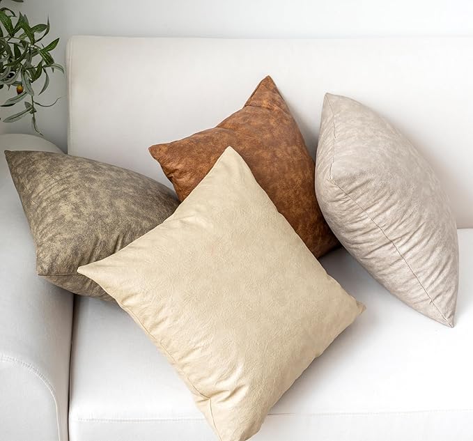 Pack of 2 Faux Leather Pillow Covers, Soft Rustic Farmhouse Neutral Vintage Decorative Cushion Cover, for Home Decor Outdoor Waterproof Pet Hair Resistant Thickened and durable 18X18 Inch Beige