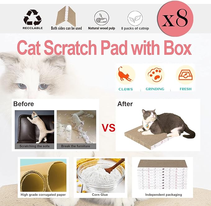 8 Packs in 1 Cat Scratch Pad, Cat Scratcher Cardboard,Reversible,Durable Recyclable Cardboard, Premium Scratch, Suitable for Cats to Rest, Grind Claws and Play