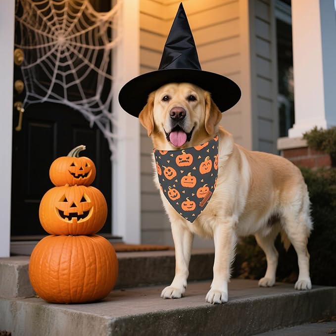 ADOGGYGO Halloween Dog Bandanas 2 Pack, Reversible Pumpkin Ghost Scarf, Premium Fabric, Adjustable Fit Orange Black Halloween Bandanas for Extra Large Dogs (X-Large)