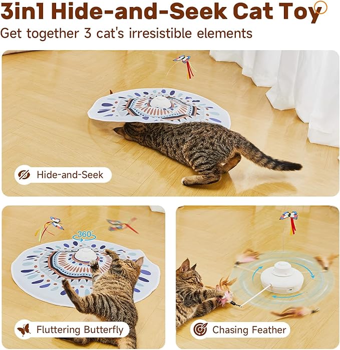 Potaroma Cat Toys Chargeable, 3in1 Hide and Seek for Kittens, Interactive Automatic Play, Fluttering Butterfly, Moving Wand Feather, Indoor Kitty Exercise 22.8 Inch Cover for All Breeds