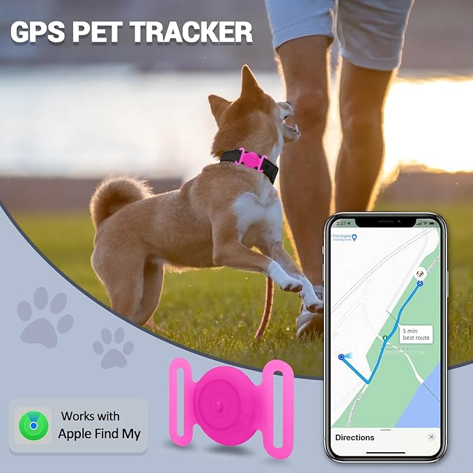 GPS Tracker for Dogs, Mini GPS Cat Tracker, IPX8 Waterproof GPS Trackers for Cats with Holder, No Monthly Fee, Work with Apple Find My(iOS Only), Smart Trackers for Dogs Finder Tracker Pets(GlowPink)