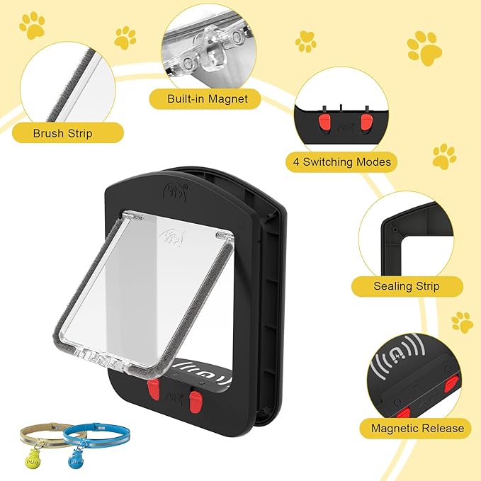 [ALUMANI] Cat Door for Interior Door and Exterior Door, 4 Way Locking Cat Door with Magnetic Flap, Collar Activated Pet Door, 2pcs of Cat Magnetic Collars, Black