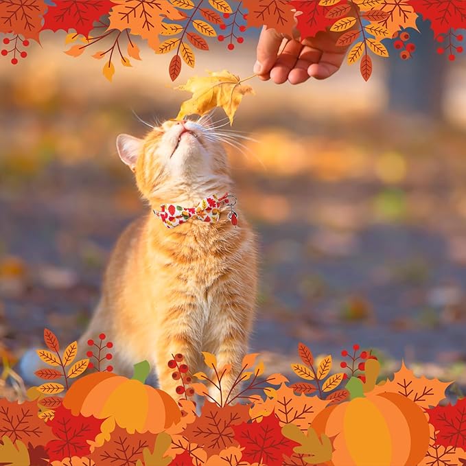 SCENEREAL Fall Cat Collar Breakaway with Bell and Bowtie, 2 Pack Cute Holiday Cat Collars, Adjustable Kitten Collar, Safety Buckle Collar for Girls Boys Cats Dogs Pets, White Green