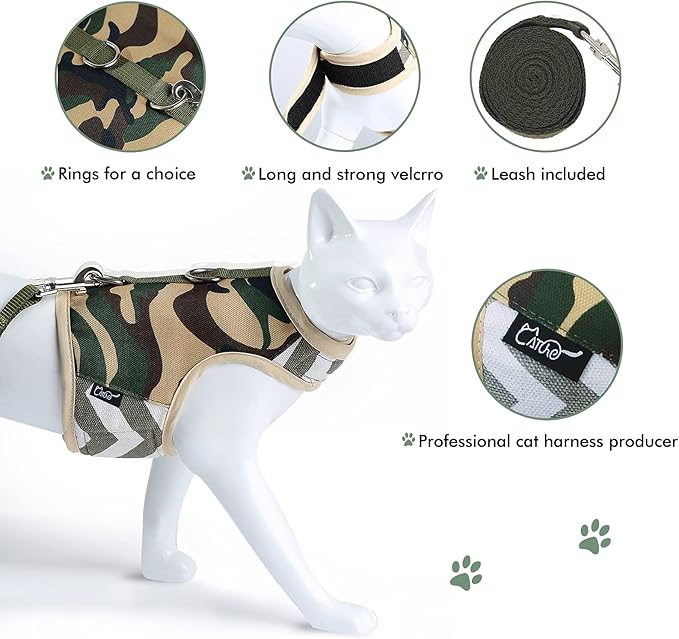 Cat Harness and Leash Set for Walking Escape Proof, Adjustable Cat Vest Harness, Padded Stylish Cat Walking Jackets, Camo Green, Medium
