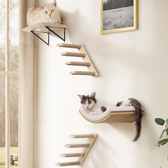 4-Piece Cats Wall Furniture with Cat Window Perch – Wood Wall Mounted Cat Shelves Set with Foam-Padded Curved Bed, Flat Perch & 4-Step Cats Stairs