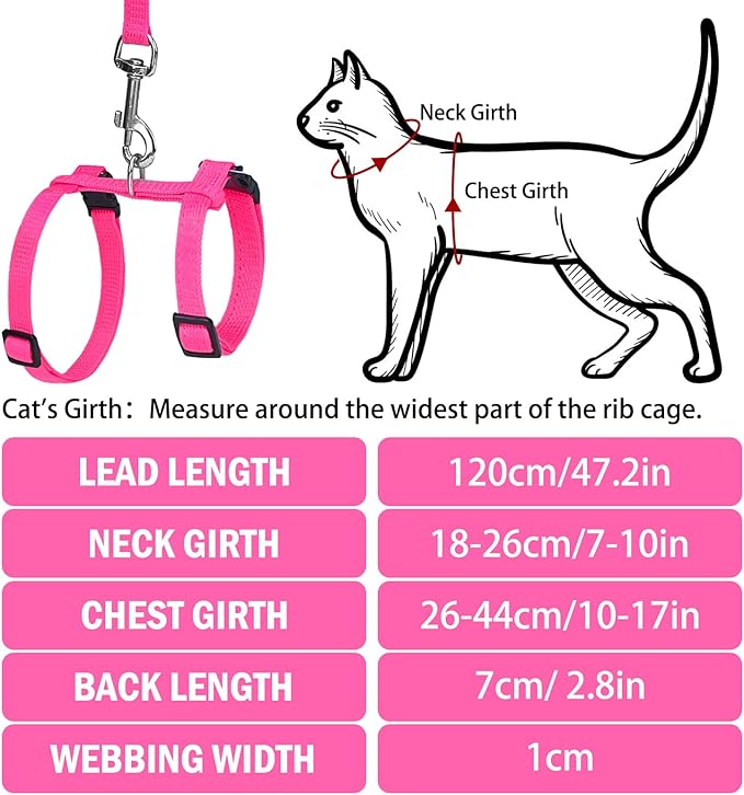 PUPTECK Adjustable Cat Harness and Leash Set Escape Proof Kitten Strap Collar for Walking Travel, Hot Pink