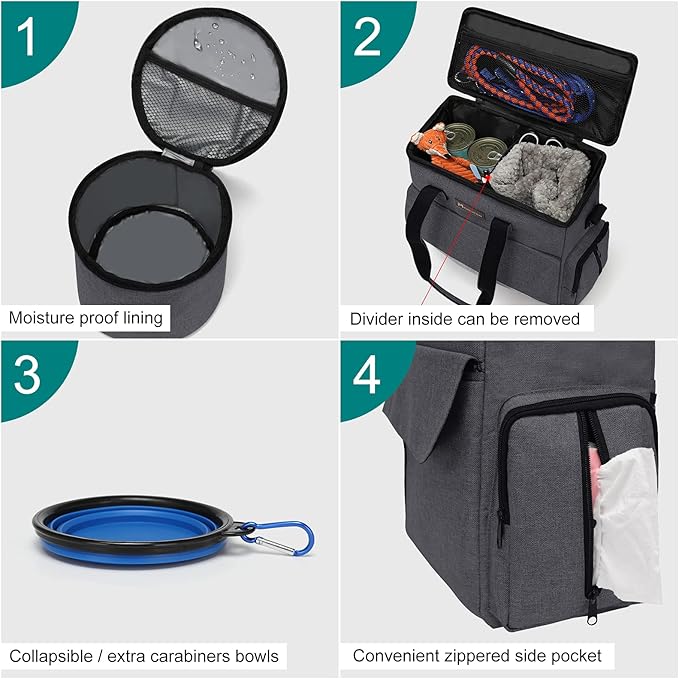 Modoker Airline Approved Pet Travel Bag, Weekend Dog Travel Set for Dog and Cat, Airline Approved Tote Organizer with Multi-Function Pockets 2 Food Storage Containers, 2 Collapsible Bowls (Dark Gray)