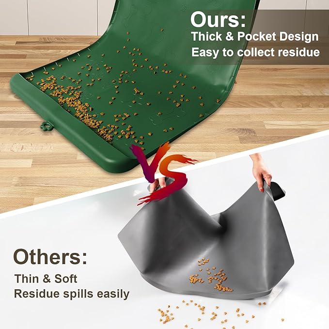 Dog Food Mat - Silicone Dog Mat for Food and Water - 36" x 24" Large Pet Feeding Mats with Residue Collection Pocket - Waterproof Dog Cat Bowl Mat with High Edges to Prevent Water Food Spills (Green)
