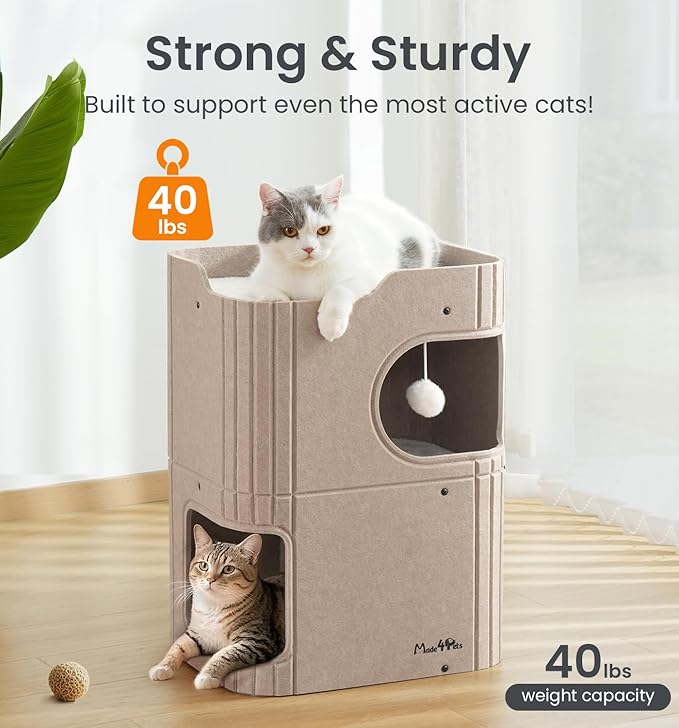 Made4Pets Cat House for Indoor Use, 2-Storey Cube Bed Cave, Covered Hideaway Condo with Scratch-Resistant Felt, Foldable Easy-to-Clean Design for Multi-Cat Homes, Beige