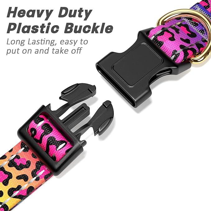 Reflective Dog Collar for Small Dogs Cats, Cute Leopard Style Adjustable Heavy-Duty Nylon Puppy Collar for Boy and Girl Female, Soft Pet Accessories with Quick Release Buckle, Neon