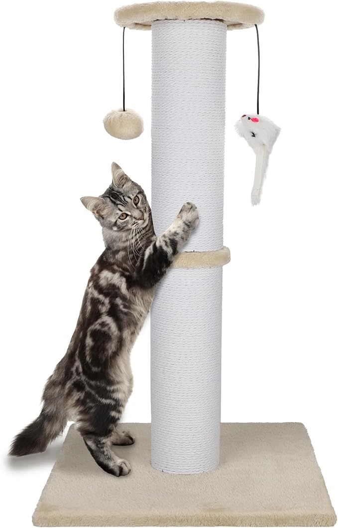 Cat Scratching Post 34 Inches Heavy Duty and Thicker Cat Scratching Post Sisal Rope with Hanging Ball and Mice Scratching Post for Indoor Cats and Adult(Beige)