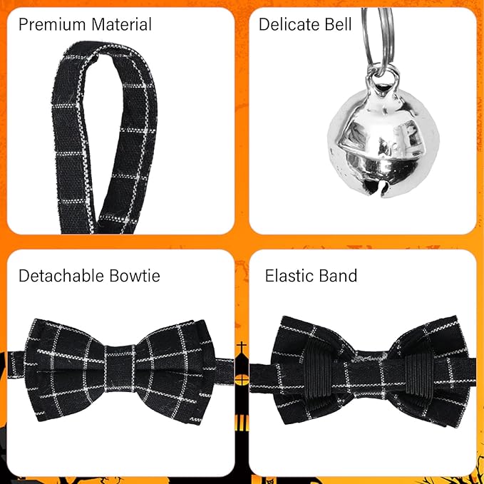 10 Pcs Cat Collar Breakaway with Bow Tie and Bell Kitten Collars Removable Bowtie Plaid Cat Collar for Cats Kittens Puppy Halloween Decor
