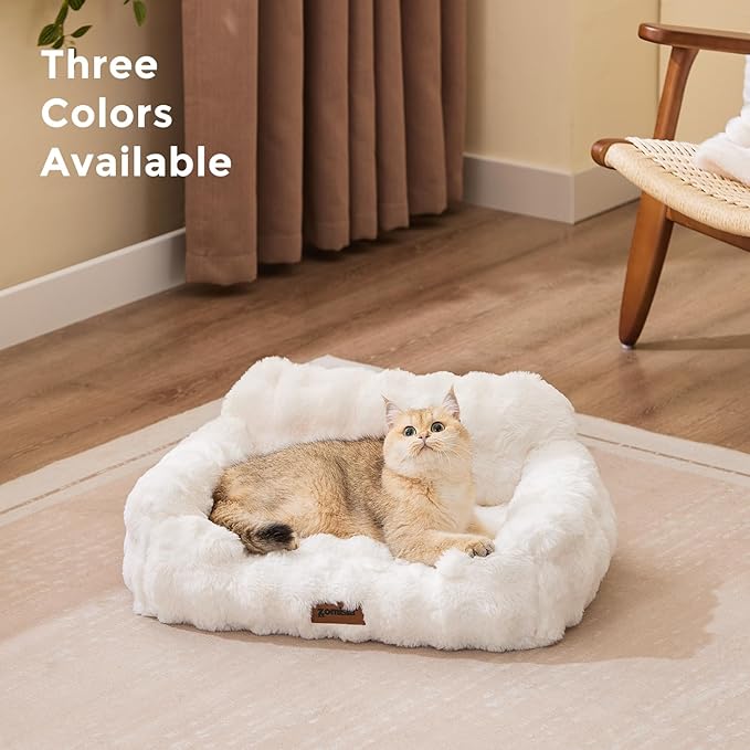 Small Dog Sofa - Orthopedic Cat Sofa Bed for Indoor Cats, Fluffy Faux Fur Dog Couch with Supportive Egg Foam, Cute Pet Couch Bed Removable Washable Cover and Non-Slip Bottom, Ivory White
