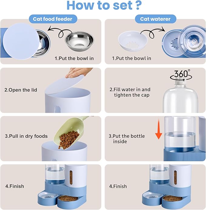 2 Pack Automatic Cat Feeder Stainless Steel Water Dispenser Gravity Food Feeder and Waterer Set with Pet Food Bowl for Small Medium Kitten Puppy Pets Large Capacity(Blue)
