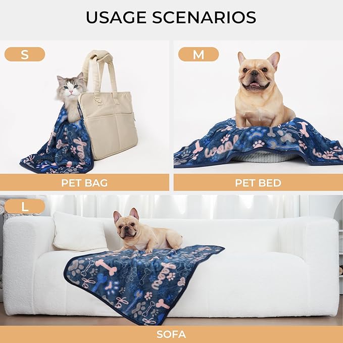 Luciphia 1 Pack 3 Blankets Fluffy Premium Fleece Pet Blanket Flannel Paw Bone Printed Throw for Dog Cat(Medium 30"x20", Khaki/Blue/Navy)