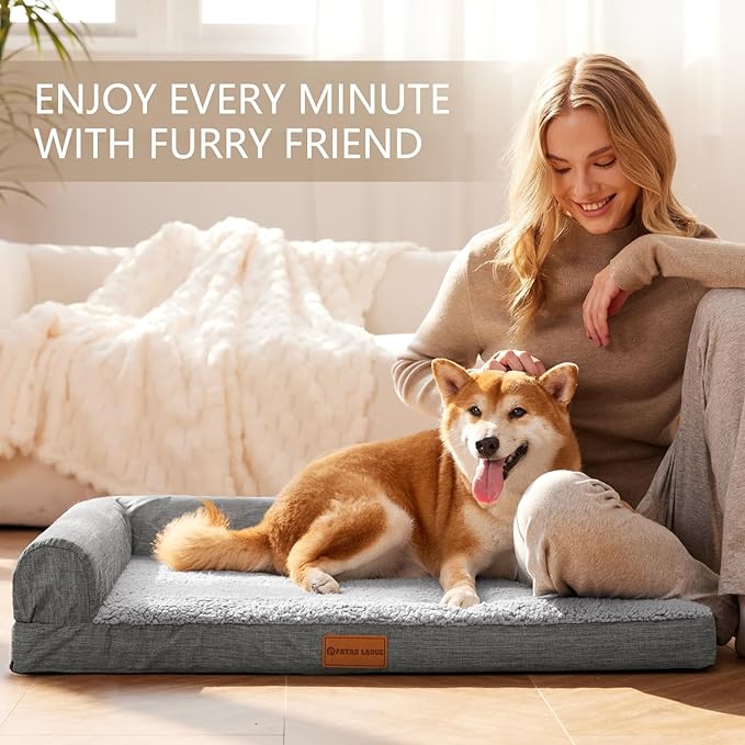 Patas Lague Orthopedic XL Dog Bed Large Sized Dog 48''X30'', Waterproof L Bolster Big Large Pet Sofa Beds with Removable Washable Cover, Soft Comfortable Pet Couch Crate Mat with Nonskid Bottom, Grey