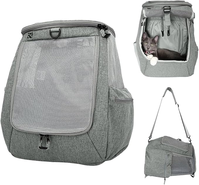 Travel Cat Navigator Carrier Bag - Premium Cat Backpacks for Carrying Cats, Travel, Hiking, Outdoor Use - Grey Mesh Backpacks for Small, Medium, Large Cats up to 25 LBS with Side Pockets, Zipper Clips