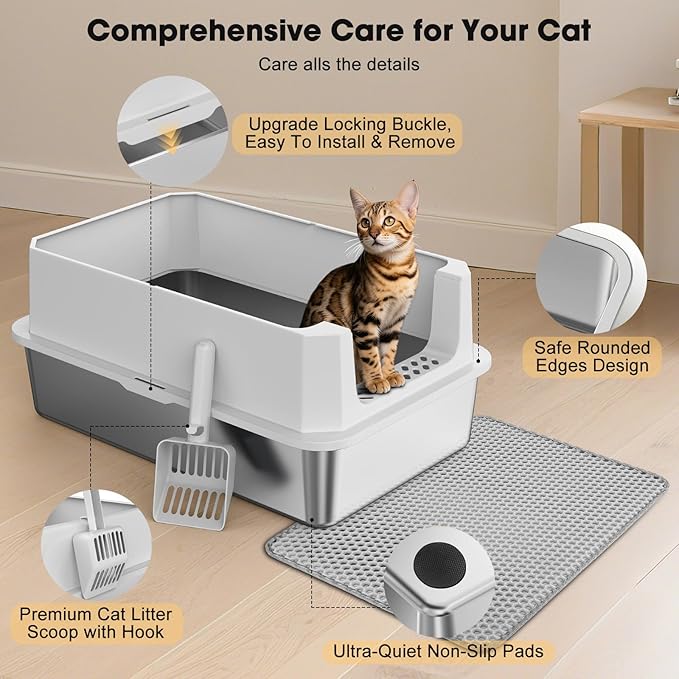 FURTIME Stainless Steel Litter Box with Lid, Large Metal Cat Litter Box for Big Cat, Large Cat Box High Sided with Non-Stick, Odor-Resistant, Anti-Urine Leakage, Easy Cleaning, Includes Scoop and Mat