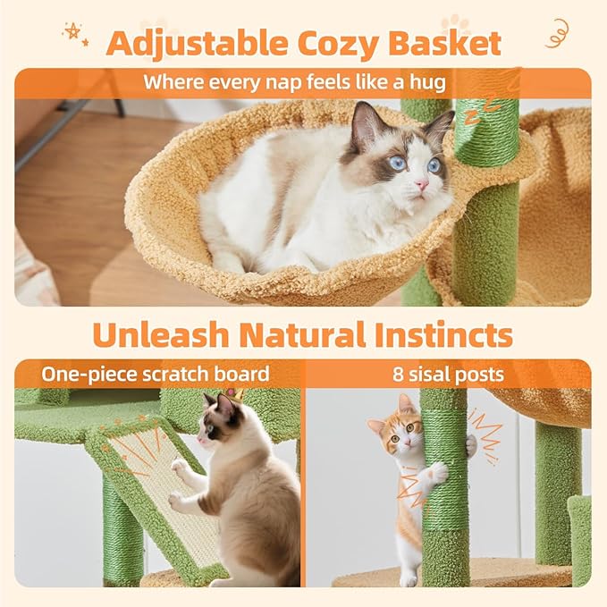 Taoqimiao Cactus Cat Tree, 71-Inch Cat Tower for Indoor Cats Large Adult, Multi-Level Large Cat Condo, 8 Sisal Scratching Posts, Metal Frame Cozy Hammock, Scratch Board, 2 Top Perches, MSC026L