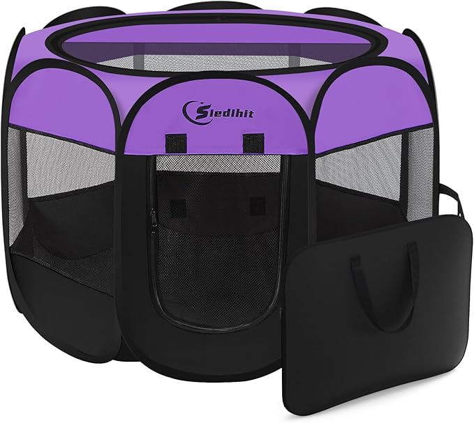 Dog Playpen, Puppy Pet Playpen, Dog Crate Tent Cage Indoor/Outdoor, Portable Pop Up Dogs Kennel Playpen with Carrying Case for Dogs/Cats/Rabbits, Purple, Medium