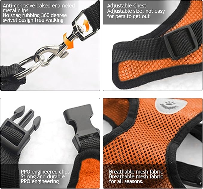 shudyear Summer cat Chest Harness and Leash, Anti-Escape Adjustable Soft mesh cat Leash and Chest Harness Set for All Types of Cats cat Vests (Size S, Orange)