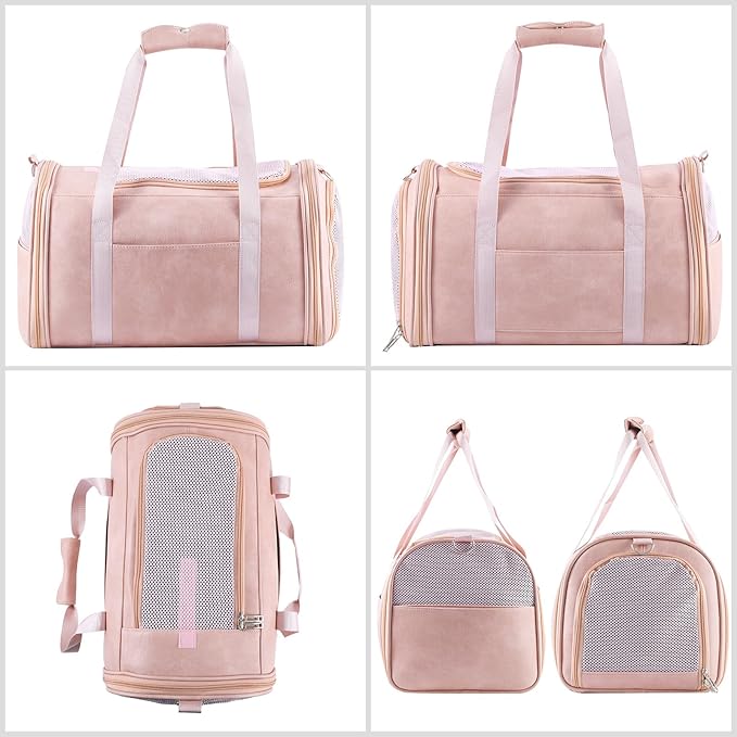 Fashion Leather Dog Carrier Cat Carrier Airline Approved Pet Carrier for Small Medium Dogs Cats Under 15Lbs, Collapsible Soft Sided Travel Puppy Carrier Pink