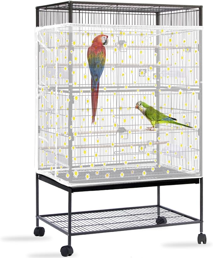 Daoeny Bird Cage Seed Catcher, Large Bird Cage Cover, Adjustable Soft Airy Nylon Mesh Net, Birdcage Cover Skirt Seed Guard for Parrot Parakeet Macaw African Round Square Cages (White, Daisy Design)