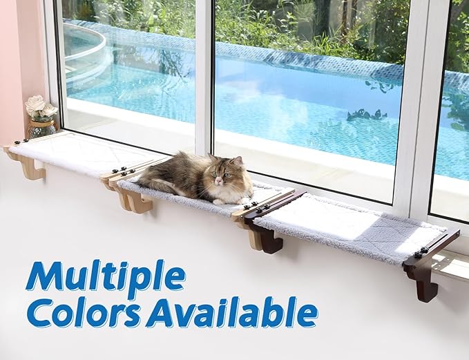 Zakkart Easy Seat Cat Perch for Window Sill - Hammock Design w/Pine Wood & Robust Metal Frame - Cat Window Seat for Large Cats and Kittens (Natural Color Wood w/White Bed, Medium (23''W x 14''D))