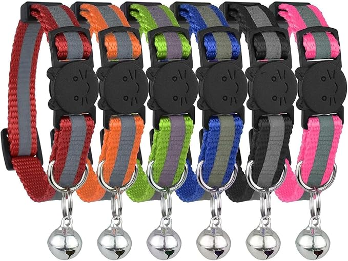 Reflective Cat Collar with Bell, Set of 6, Solid & Safe Collars for Cats, Nylon, Mixed Colors, Pet Collar, Breakaway Cat Collar Charms