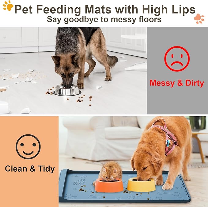 Dog Food Mat - Silicone Dog Mat for Food and Water - 36" x 24" Large Pet Feeding Mats with Residue Collection Pocket - Waterproof Dog Cat Bowl Mat with High Edges to Prevent Water Food Spills