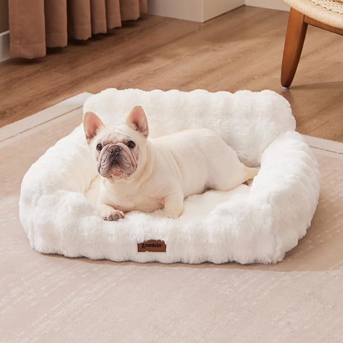 Small Dog Sofa - Orthopedic Cat Sofa Bed for Indoor Cats, Fluffy Faux Fur Dog Couch with Supportive Egg Foam, Cute Pet Couch Bed Removable Washable Cover and Non-Slip Bottom, Ivory White