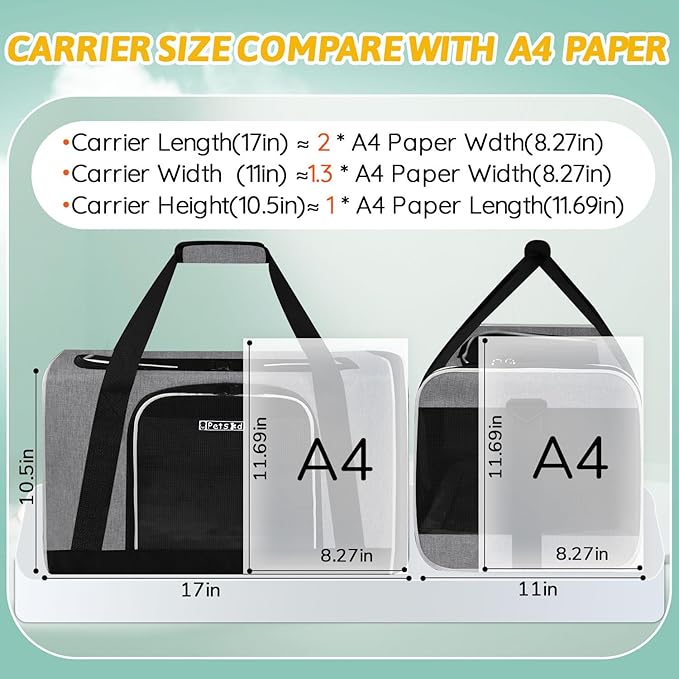 Petskd Pet Carrier 17x11x10.5 Delta American United Airline Approved, Pet Travel Carrier Bag for Small Cats and Dogs, Cat Soft Sided Carrier with Safety Lock Zippers, 5-Sided Breathable Mesh(Grey)